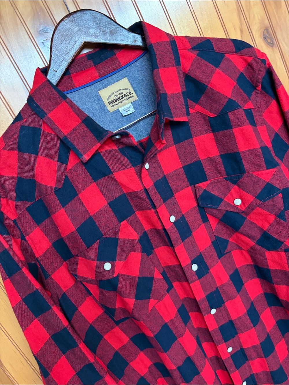 Roebuck & Co. Western Pearl Snap Red Black Buffalo Plaid Flannel Shirt XL Sears